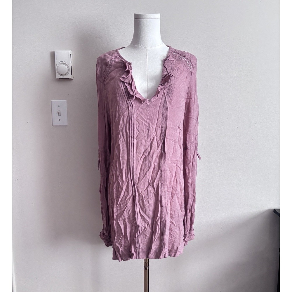 Free People Festival Boho Cute Medium Ruffle Tunic Dress Pink Long Sleeve
